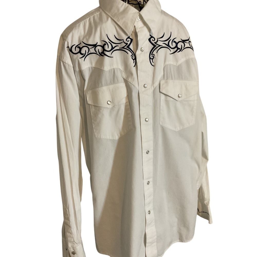 Wrangler Authentic Western Pearl Snap Shirt White Navy Tribal Embroidery Mens XL